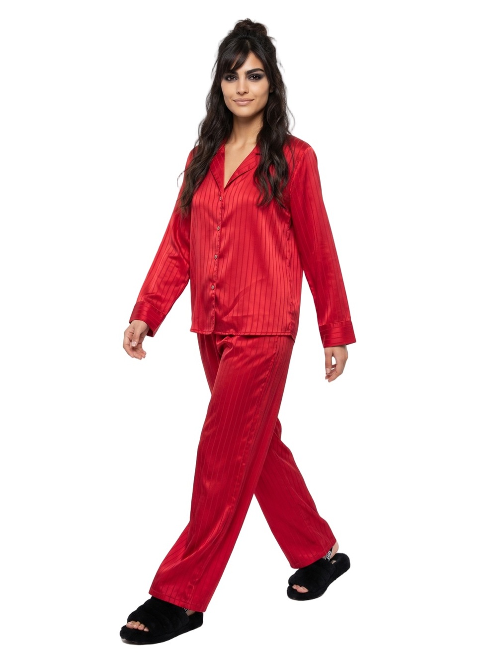 LILAC & LONDON Red Pajamas Long sleeve Shirt & Pants Luxury Satin Loungewear LG